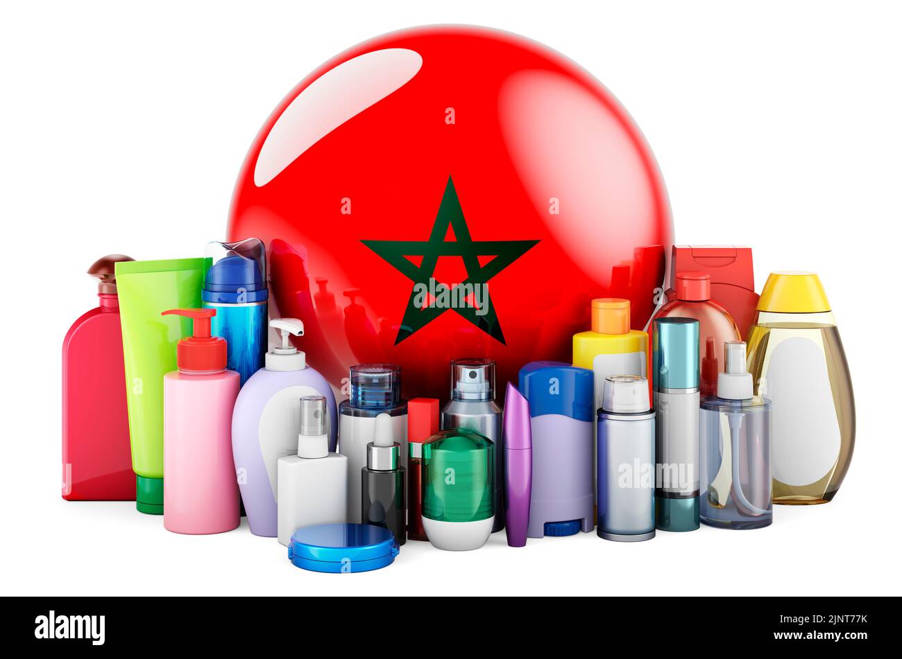 Moroccan flag with cosmetic bottles, Hair, facial skin and body care