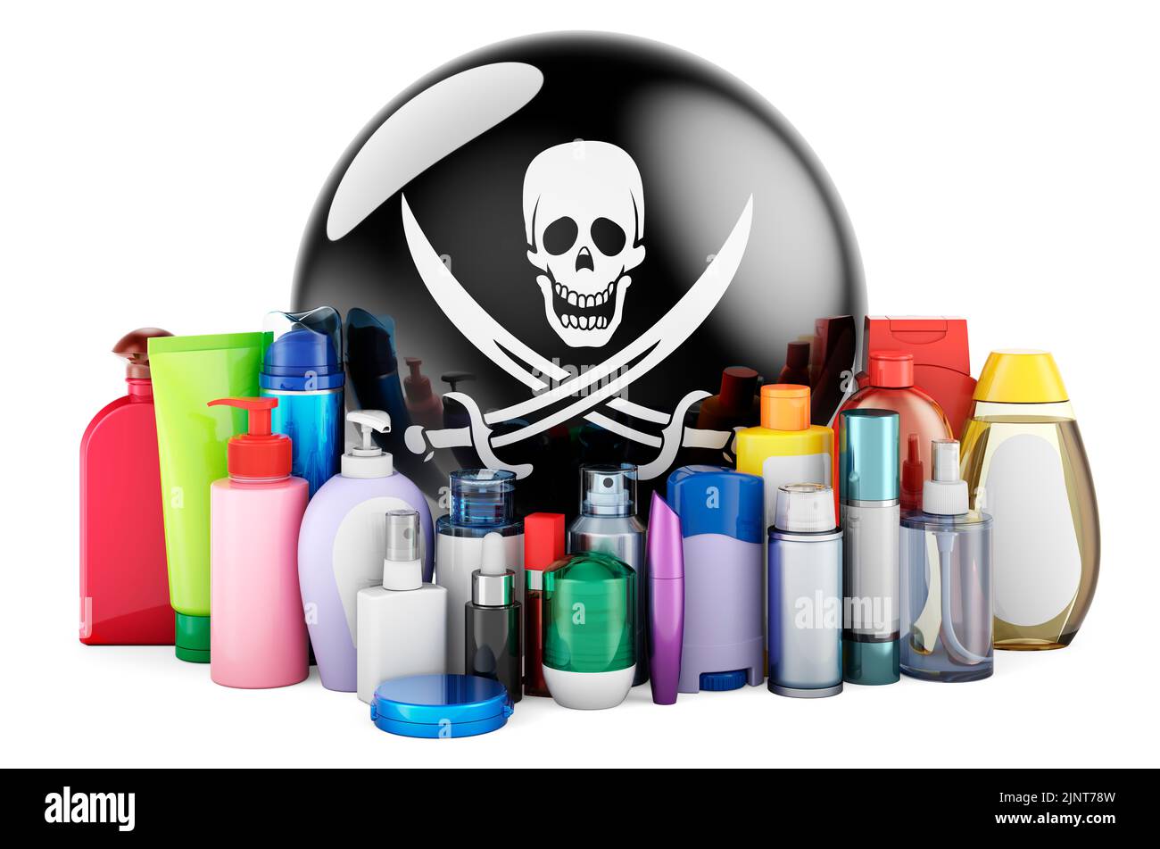 Piracy flag with cosmetic bottles, 3D rendering isolated on white ...