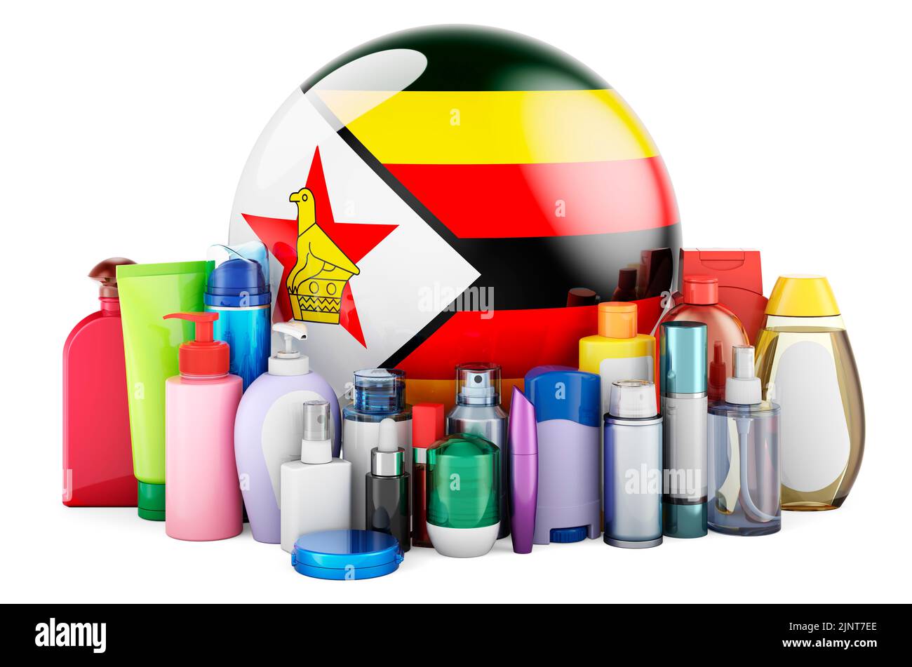 Zimbabwean flag with cosmetic bottles, Hair, facial skin and body care