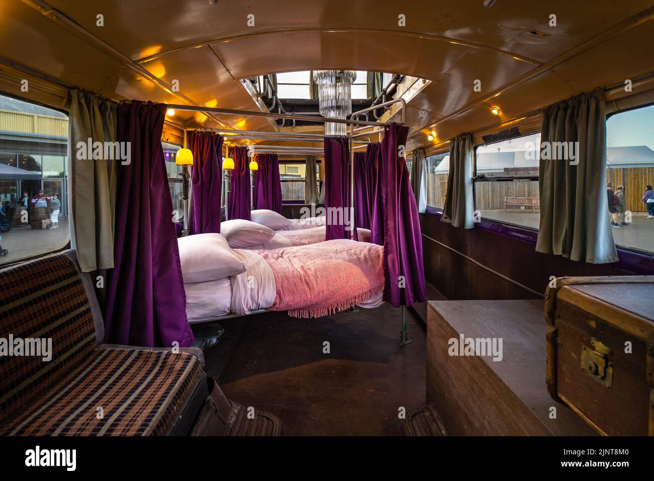 London, UK - 10 June 2022:  The Knight Bus of The Prisoner of Azkaban movie from inside; Comfortable travel bus with beds inside Stock Photo