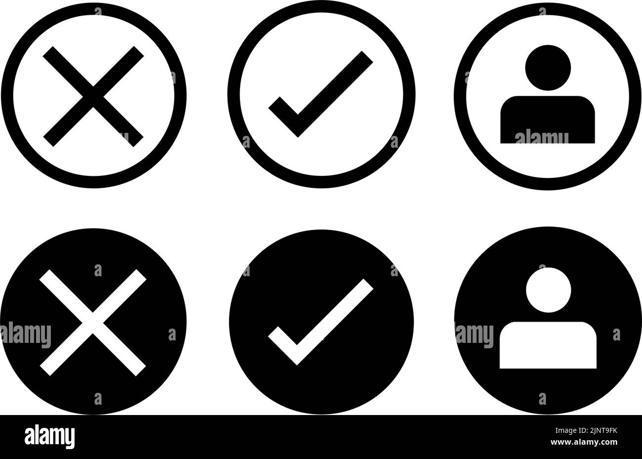 Cross and tick. User icon. Modern style icons are located on white and black backgrounds. The pack has six icons.. Stock Vector