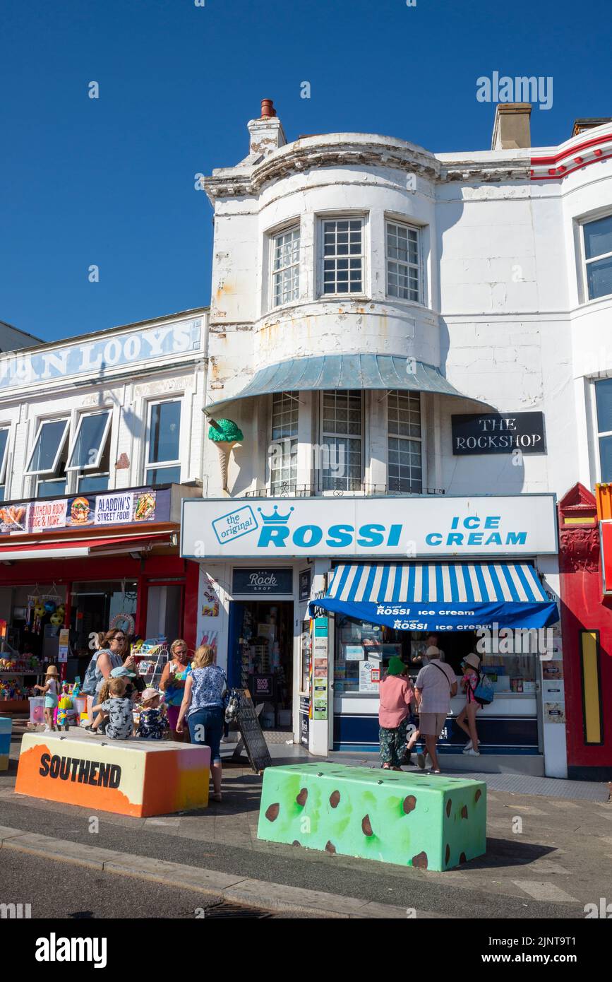 The Rockshop, Rossi ice cream vendor Southend on Sea, Essex. Rock shop. Seaside seafront. Parlour at base of steep Pier Hill. Tourism business Stock Photo