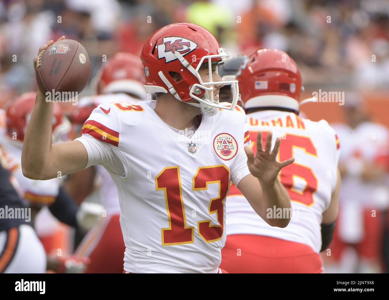 Chicago, United States. 13th Aug, 2022. Kansas City Chiefs quarterback Dustin Crum (13) looks of an open receiver during the fourth quarter of a preseason game against the Chicago Bears at Soldier Field in Chicago on Saturday, August 13, 2022. The Bears won 19-14. Photo by Mark Black/UPI Credit: UPI/Alamy Live News Stock Photo