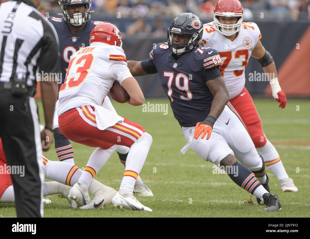Chicago, United States. 13th Aug, 2022. Chicago Bears Dominique Robinson (91) sacks Kansas City Chiefs quarterback Dustin Crum (13) during the second half a preseason game at Soldier Field in Chicago on Saturday, August 13, 2022. The Bears won 19-14. Photo by Mark Black/UPI Credit: UPI/Alamy Live News Stock Photo