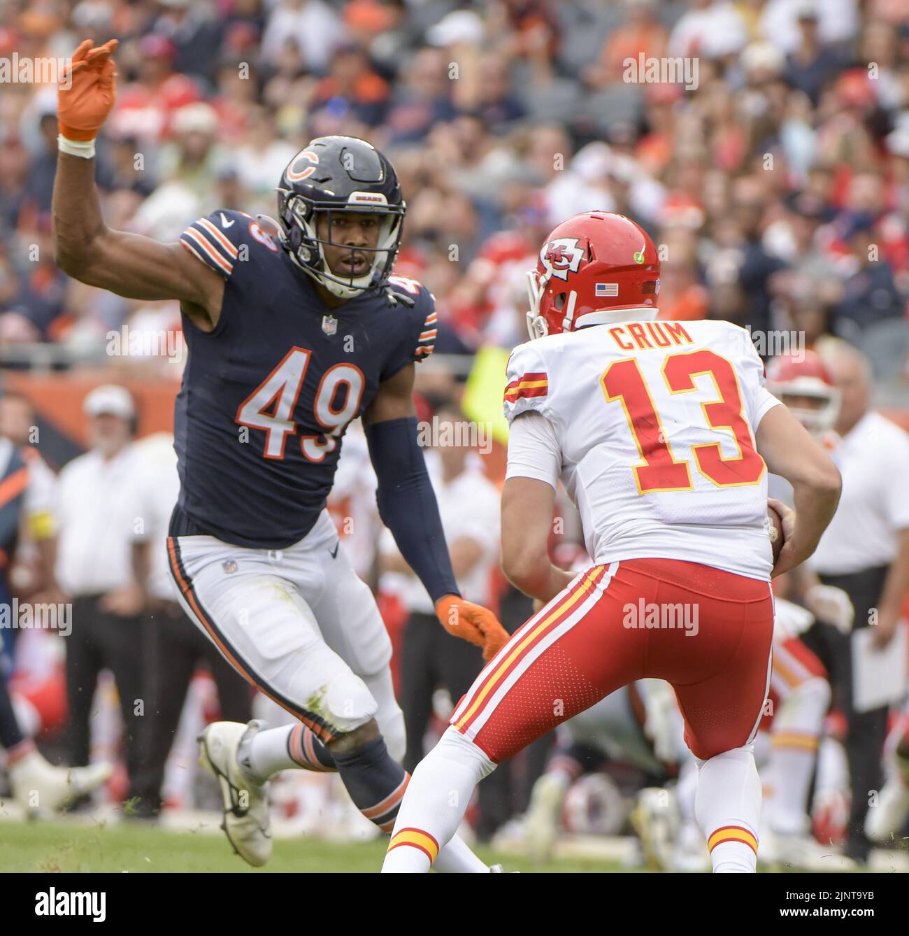 Chicago, United States. 13th Aug, 2022. Chicago Bears linebacker Charles Snowden (49) puts the pressure on Kansas City Chiefs quarterback Dustin Crum (13) during the fourth quarter a preseason game at Soldier Field in Chicago on Saturday, August 13, 2022. The Bears won 19-14. Photo by Mark Black/UPI Credit: UPI/Alamy Live News Stock Photo