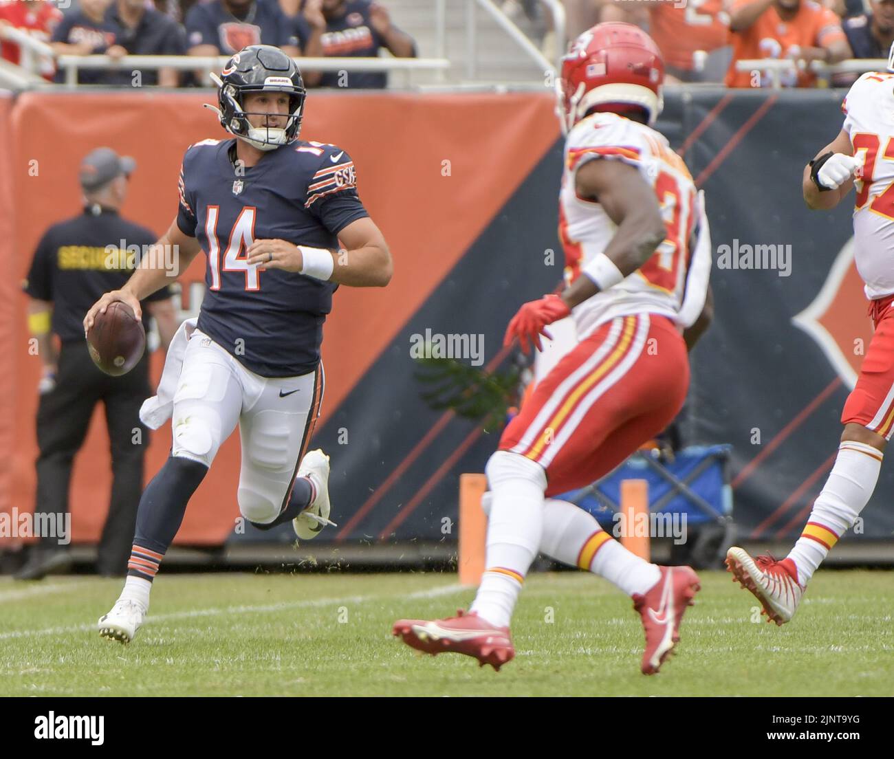 Chicago, United States. 13th Aug, 2022. Chicago Bears quarterback Nathan Peterman (14) runs the ball against the Kansas City Chiefs during the fourth quarter of a preseason game at Soldier Field in Chicago on Saturday, August 13, 2022. The Bears won 19-14. Photo by Mark Black/UPI Credit: UPI/Alamy Live News Stock Photo