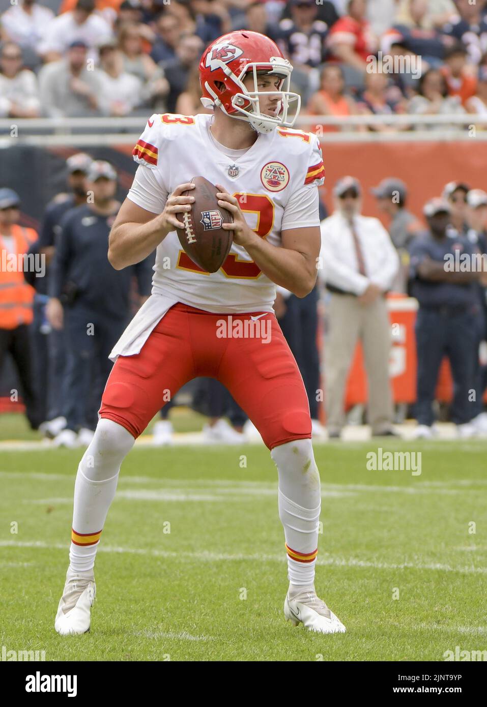 Chicago, United States. 13th Aug, 2022. Kansas City Chiefs quarterback Dustin Crum (13) looks of an open receiver during the fourth quarter of a preseason game against the Chicago Bears at Soldier Field in Chicago on Saturday, August 13, 2022. The Bears won 19-14. Photo by Mark Black/UPI Credit: UPI/Alamy Live News Stock Photo