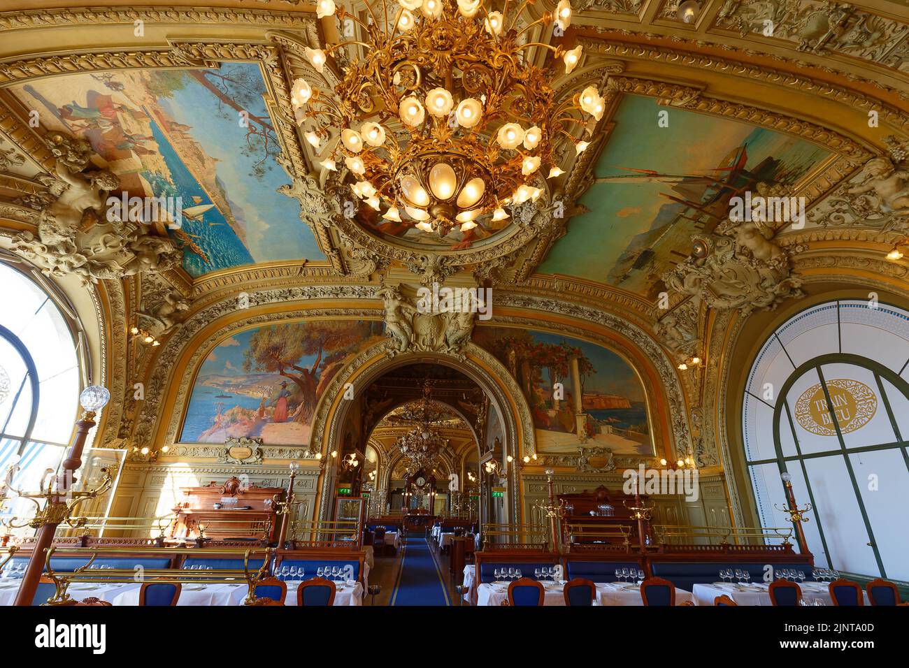 Le Train Bleu is a famous restaurant located in the hall of the Gare de Lyon railway station in Paris . Stock Photo