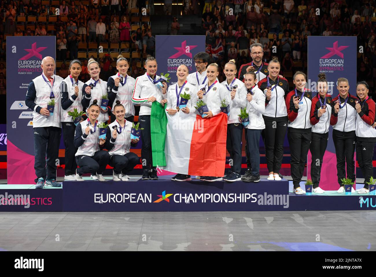 European Championships Munich 2022: Artistic Gymnastics, Women's Team Finals: Italy (gold), Great Britain (silver), Germany (bronze) Stock Photo