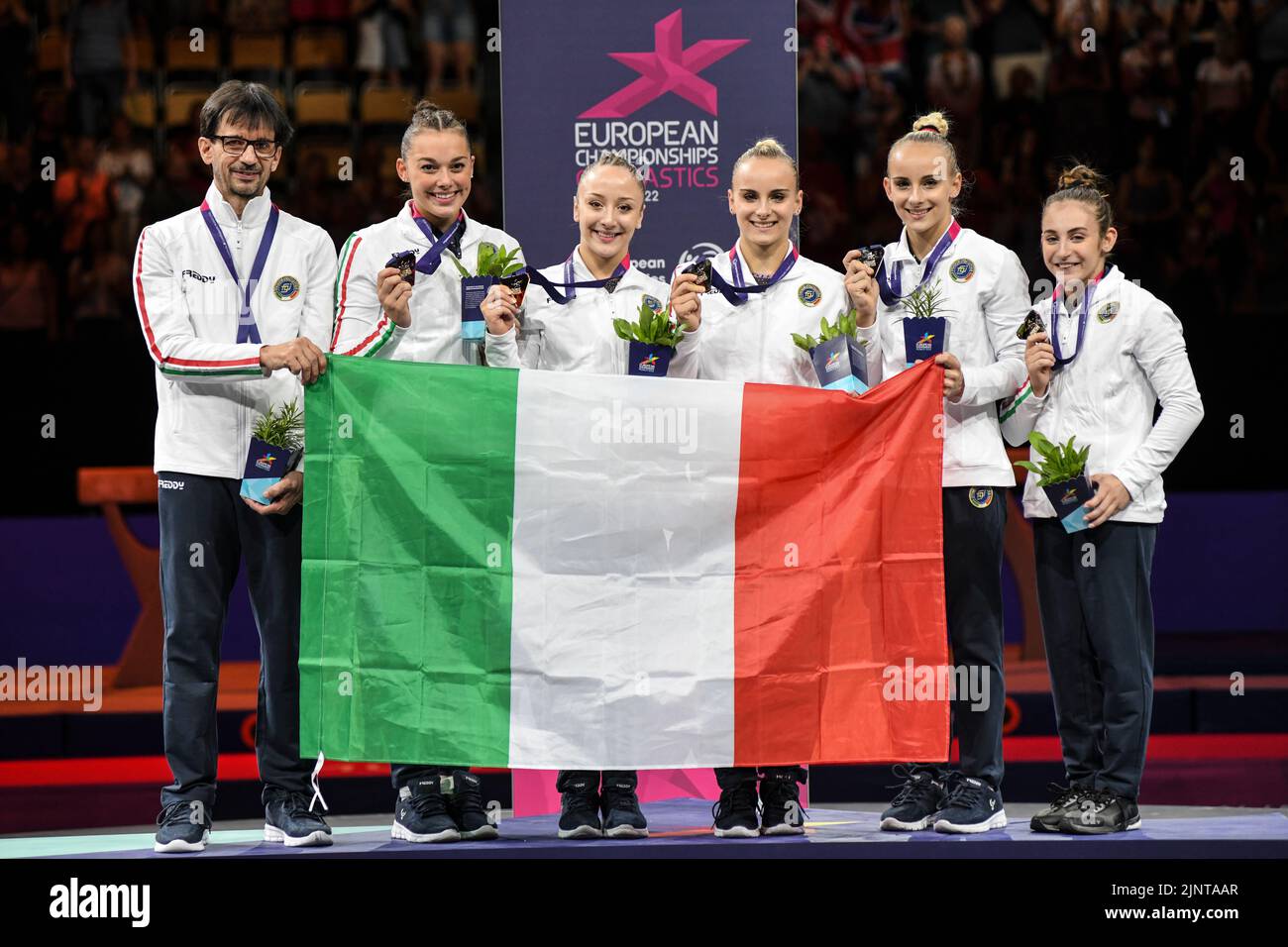 European Championships Munich 2022: Artistic Gymnastics, Women's Team Finals: Italy (gold medal). Angela Andreoli, Alice D'Amato, Asia D'Amato, Martina Maggio, Giorgia Villa Stock Photo