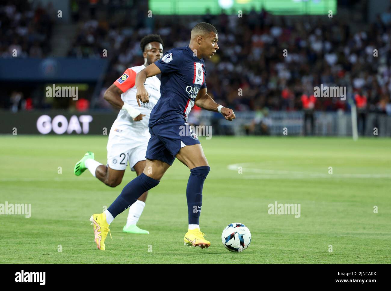 Kylian Mbappe of PSG during the French championship Ligue 1 football match between Paris Saint-Germain (PSG) and Montpellier HSC (MHSC) on August 13, 2022 at Parc des Princes stadium in Paris, France - Photo Jean Catuffe / DPPI Stock Photo