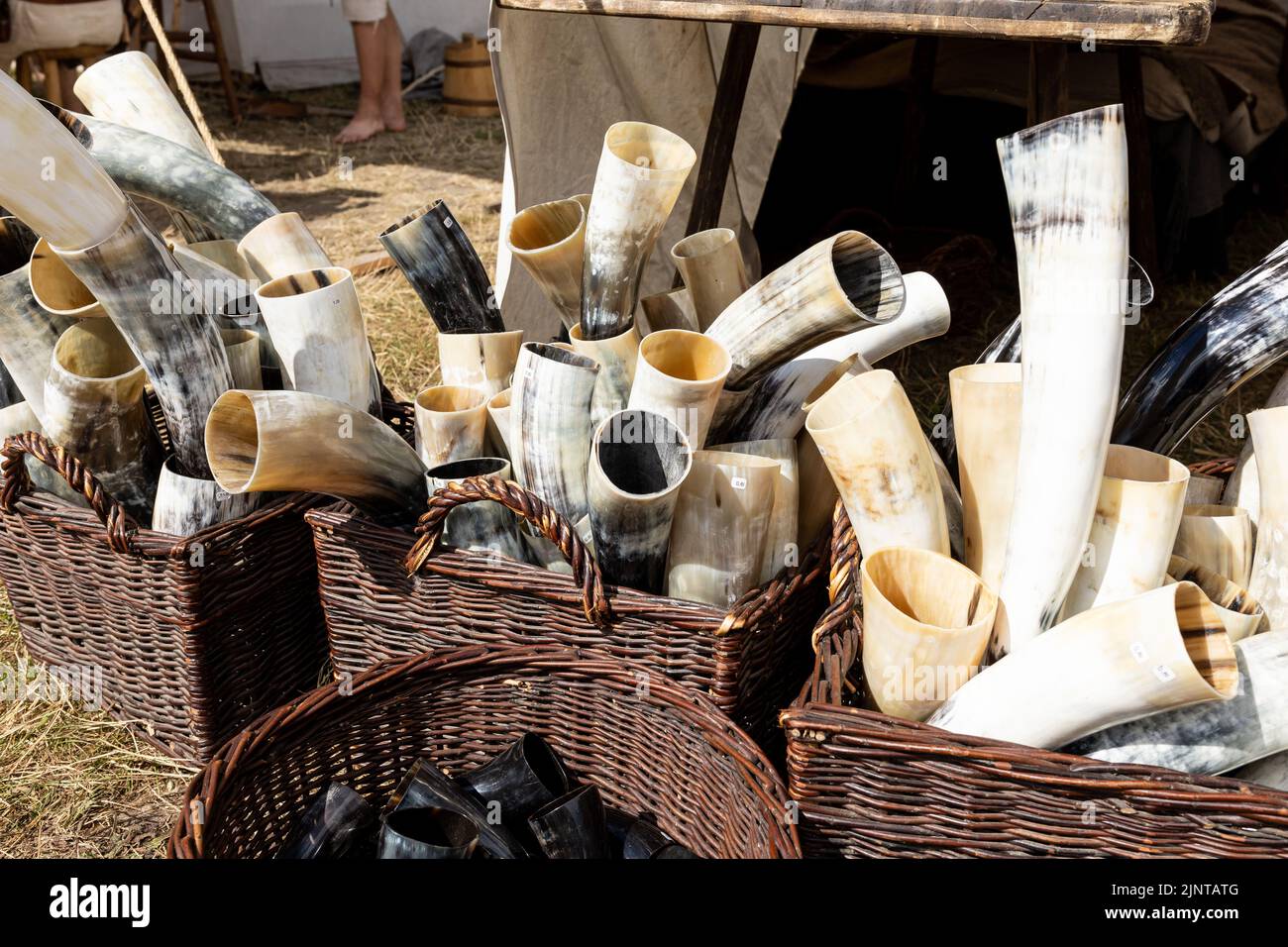 WOLIN, POLAND - AUGUST 6, 2022: XXVII Festival of Slavs and Vikings, mugs made of horns Stock Photo