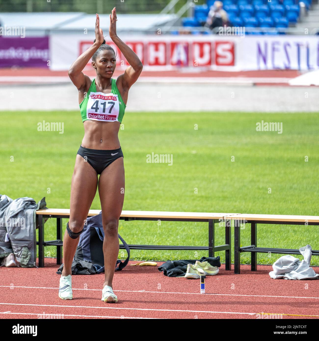 Swedish long jumper Khaddi Sagnia preparing for a jump. She is currently one of the best long jumpers in the world. Stock Photo