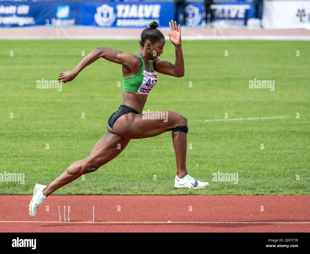 Swedish long jumper Khaddi Sagnia running for a jump. She is currently one of the best long jumpers in the world. Stock Photo
