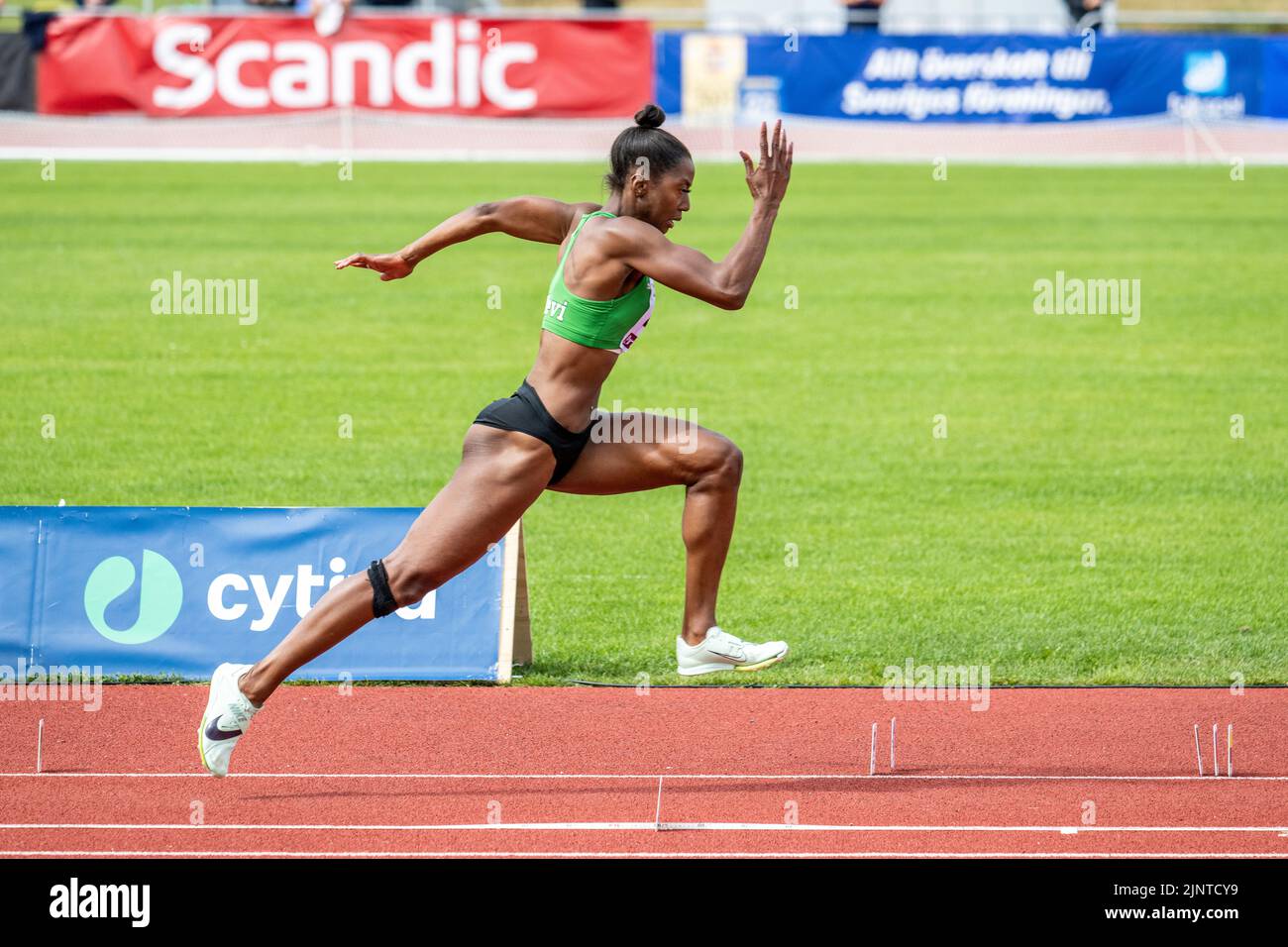 Swedish long jumper Khaddi Sagnia running for a jump. She is currently one of the best long jumpers in the world. Stock Photo