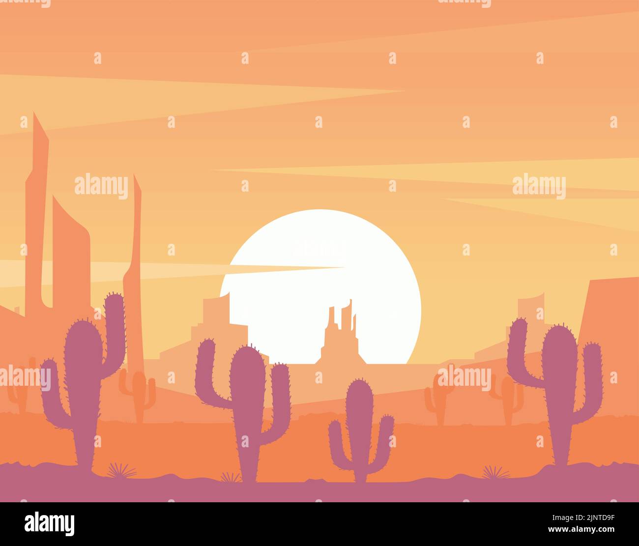 sunset desert with cactus Stock Vector