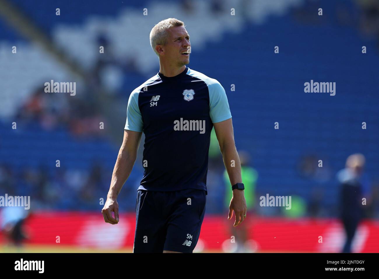 Cardiff, UK. 13th Aug, 2022. Steve Morison, the manager of Cardiff City looks on before the game. EFL Skybet championship match, Cardiff city v Birmingham City at the Cardiff City Stadium in Cardiff, Wales on Saturday 13th August 2022. this image may only be used for Editorial purposes. Editorial use only, license required for commercial use. No use in betting, games or a single club/league/player publications. pic by Andrew Orchard/Andrew Orchard sports photography/Alamy Live news Credit: Andrew Orchard sports photography/Alamy Live News Stock Photo