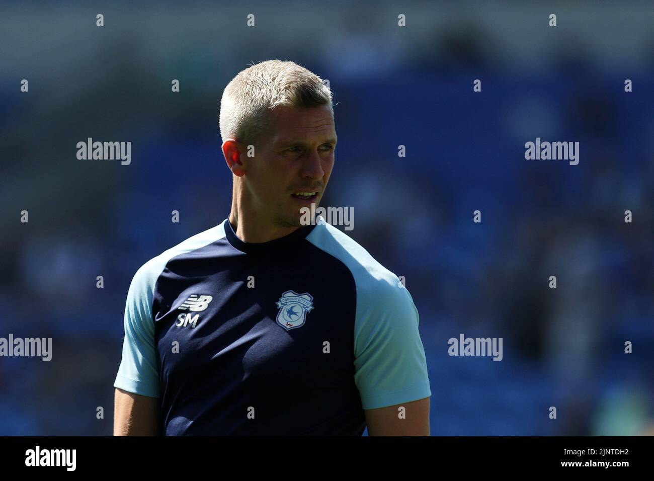 Cardiff, UK. 13th Aug, 2022. Steve Morison, the manager of Cardiff City looks on before the game. EFL Skybet championship match, Cardiff city v Birmingham City at the Cardiff City Stadium in Cardiff, Wales on Saturday 13th August 2022. this image may only be used for Editorial purposes. Editorial use only, license required for commercial use. No use in betting, games or a single club/league/player publications. pic by Andrew Orchard/Andrew Orchard sports photography/Alamy Live news Credit: Andrew Orchard sports photography/Alamy Live News Stock Photo