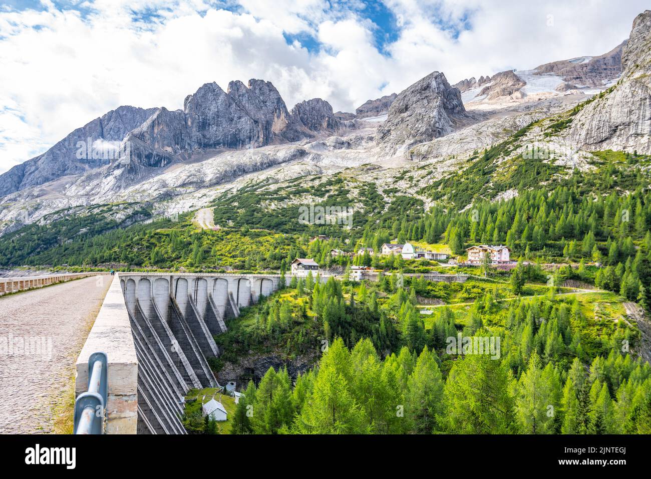 Dam of Lago di Fedaia and Marmolada Stock Photo