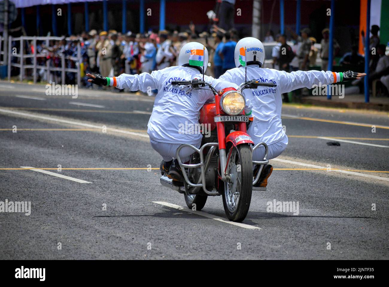 Kolkata Police officers seen practicing different stunts on bikes during the Independence day Final Dress Rehearsal. India prepares to celebrate the 75th Independence day on 15th August 2022 as part of the Azadi Ka Amrit Mahotsav celebration. Stock Photo