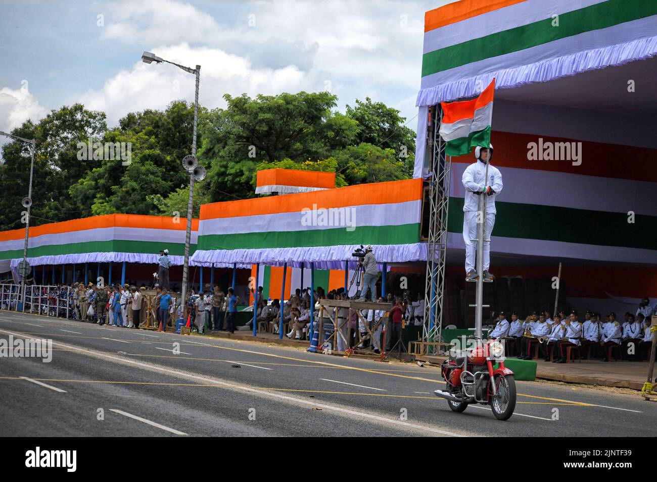 Kolkata Police officer seen practicing different stunts on bikes during the Independence day Final Dress Rehearsal. India prepares to celebrate the 75th Independence day on 15th August 2022 as part of the Azadi Ka Amrit Mahotsav celebration. Stock Photo