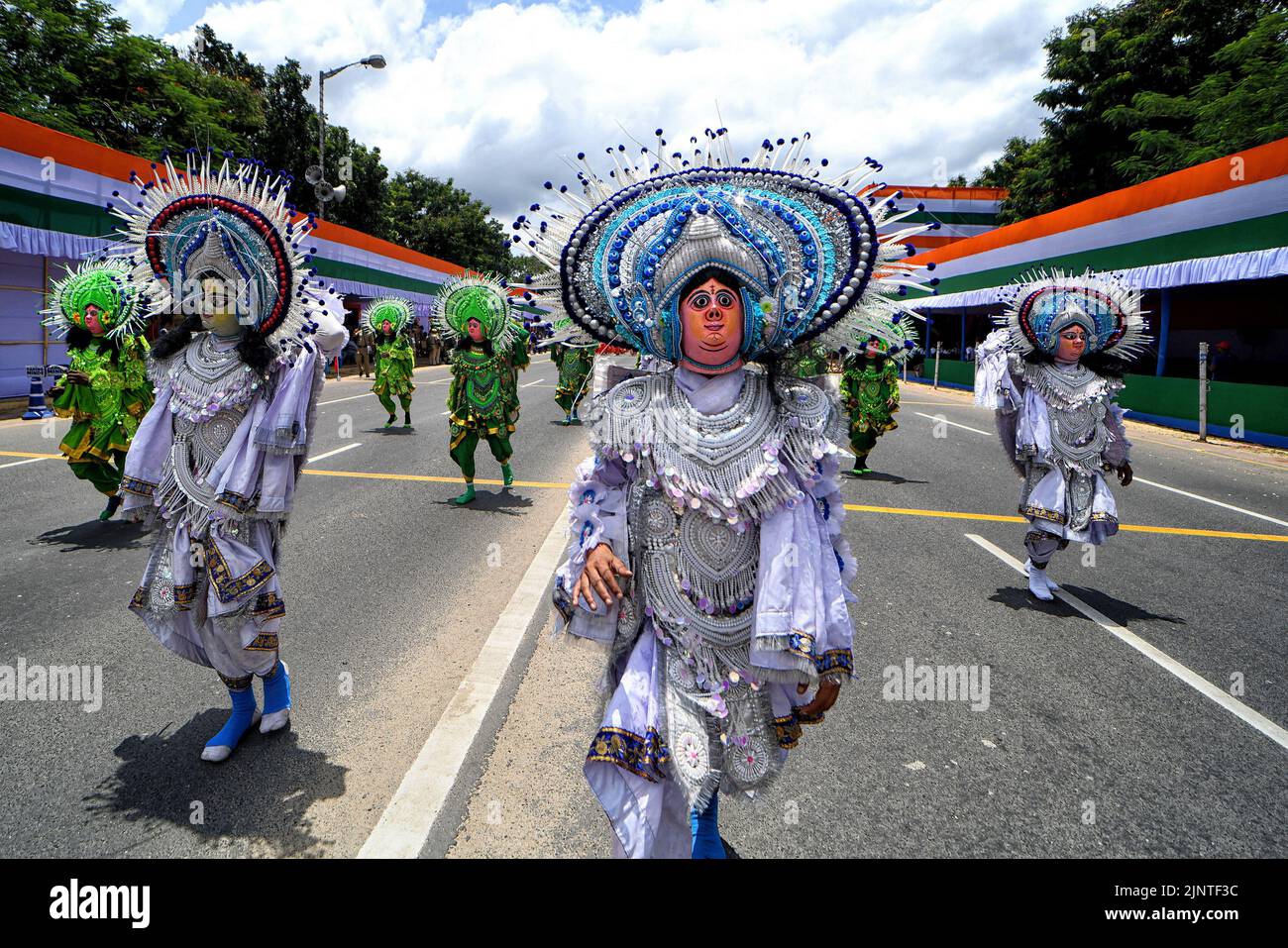 Folk Artist of Purulia (Chhau dancers) seen walking on red road during the Independence day Final Dress Rehearsal. India prepares to celebrate the 75th Independence day on 15th August 2022 as part of the Azadi Ka Amrit Mahotsav celebration. Stock Photo