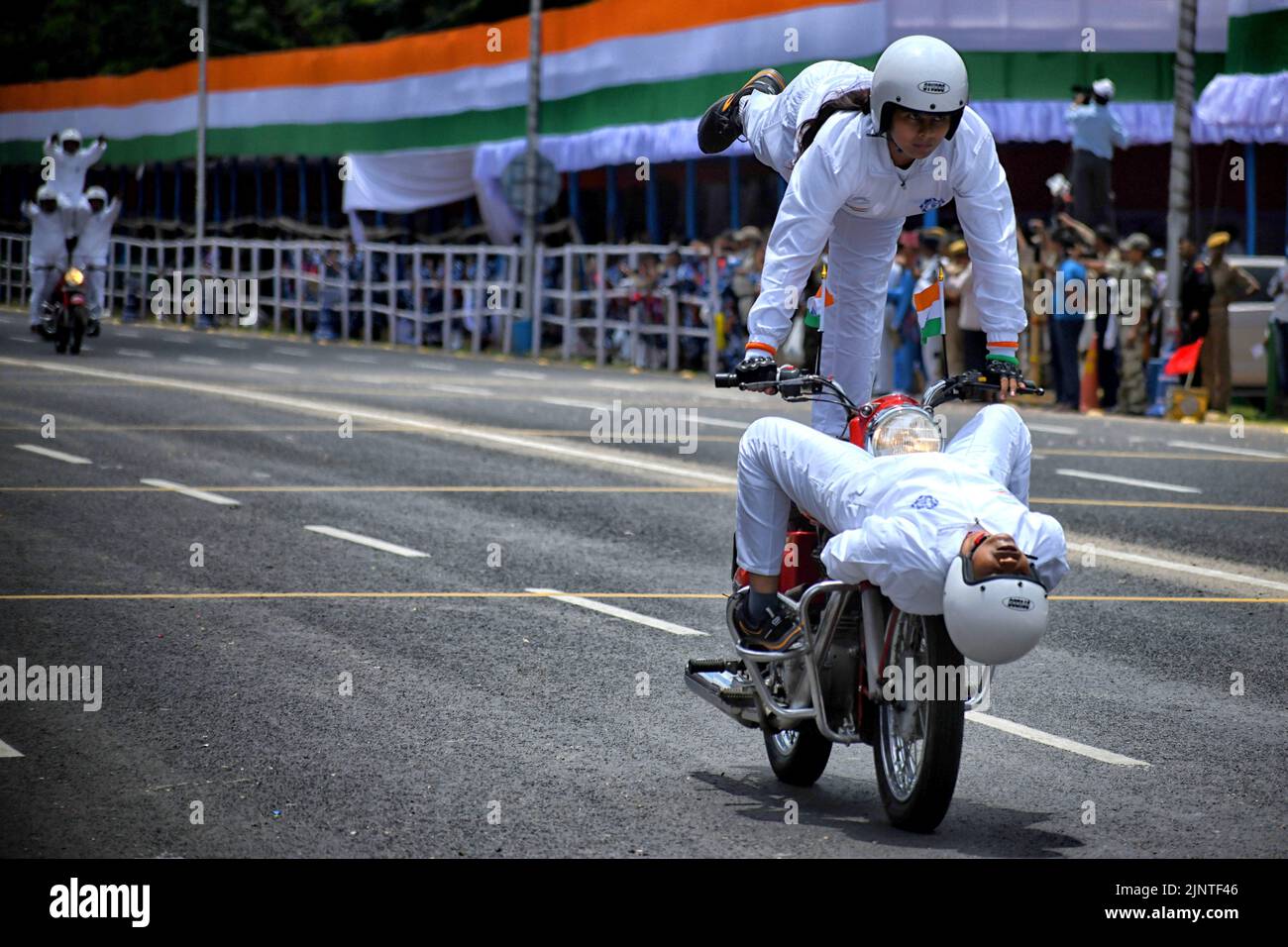 Kolkata Police woman officers seen practicing different stunts on bikes during the Independence day Final Dress Rehearsal. India prepares to celebrate the 75th Independence day on 15th August 2022 as part of the Azadi Ka Amrit Mahotsav celebration. Stock Photo