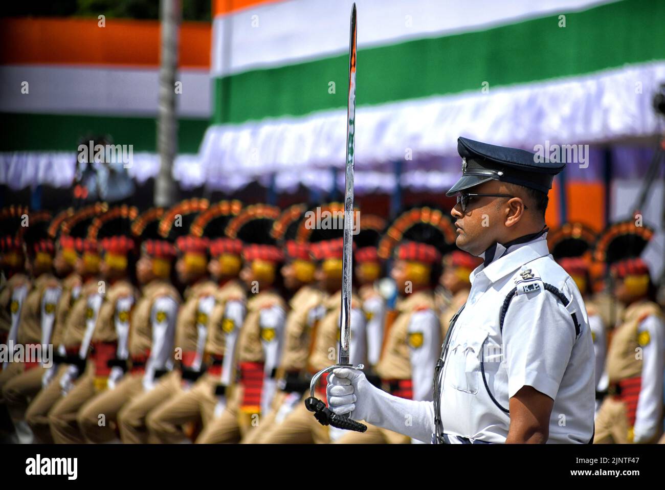 Rapid Action Force (RAF) Police men's Team along with their Team leader seen practicing during the Independence day Final Dress Rehearsal. India prepares to celebrate the 75th Independence day on 15th August 2022 as part of the Azadi Ka Amrit Mahotsav celebration. Stock Photo