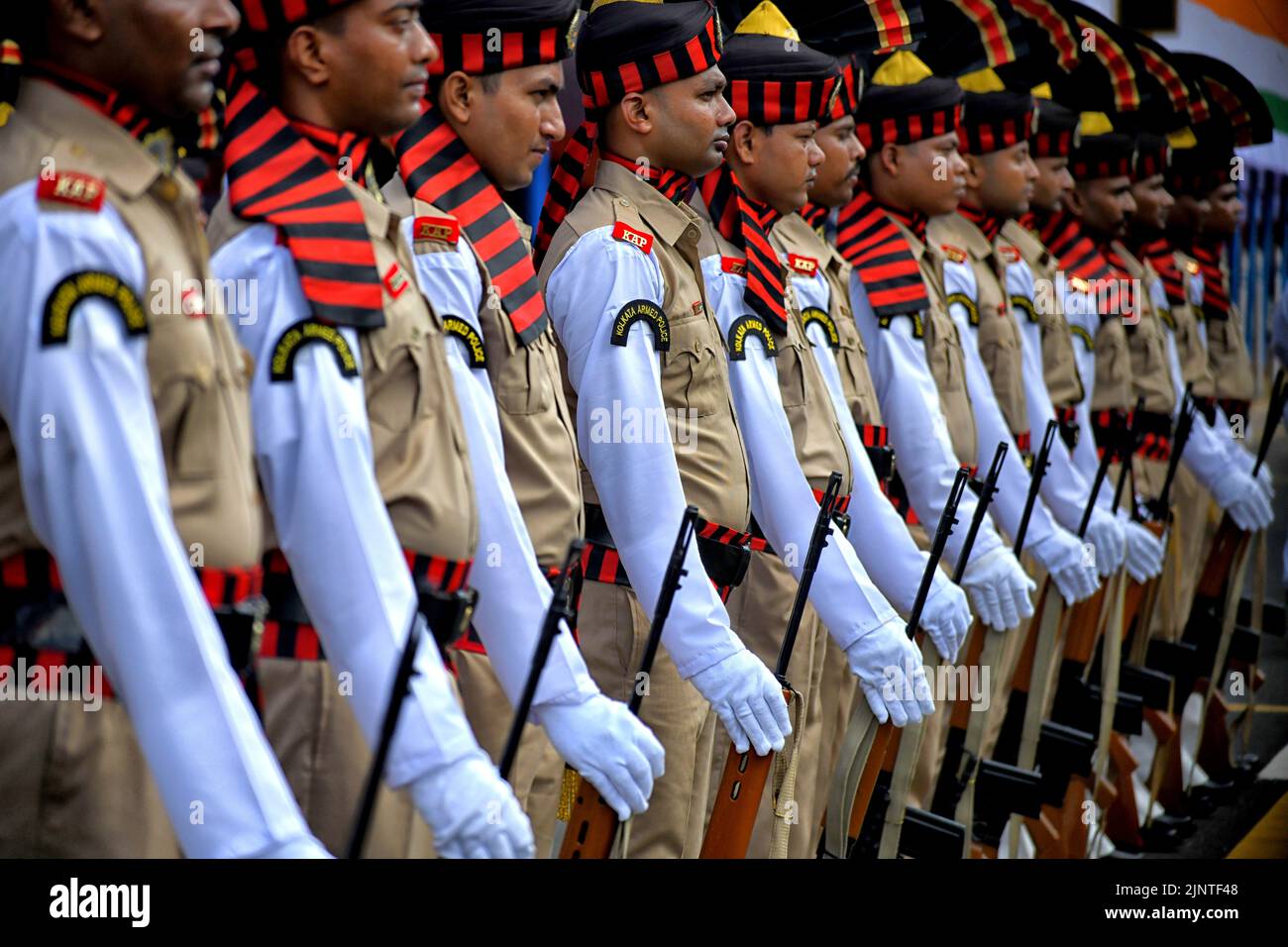 Rapid Action Force (RAF) team seen stand in a queue for inspection during the Final Dress rehearsal during the Independence day Final Dress Rehearsal. India prepares to celebrate the 75th Independence day on 15th August 2022 as part of the Azadi Ka Amrit Mahotsav celebration. Stock Photo
