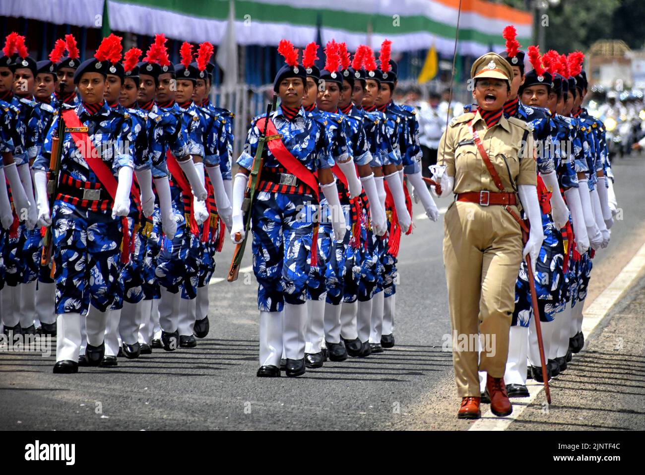 Rapid Action Force (RAF) Police women's Team seen practicing during the Independence day Final Dress Rehearsal. India prepares to celebrate the 75th Independence day on 15th August 2022 as part of the Azadi Ka Amrit Mahotsav celebration. Stock Photo