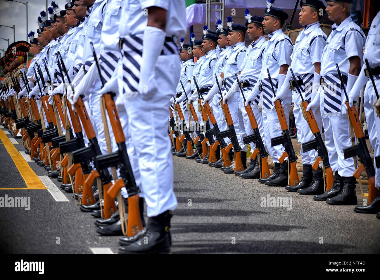 Kolkata Police Armed Police men's Team seen practicing during the Independence day Final Dress Rehearsal. India prepares to celebrate the 75th Independence day on 15th August 2022 as part of the Azadi Ka Amrit Mahotsav celebration. Stock Photo