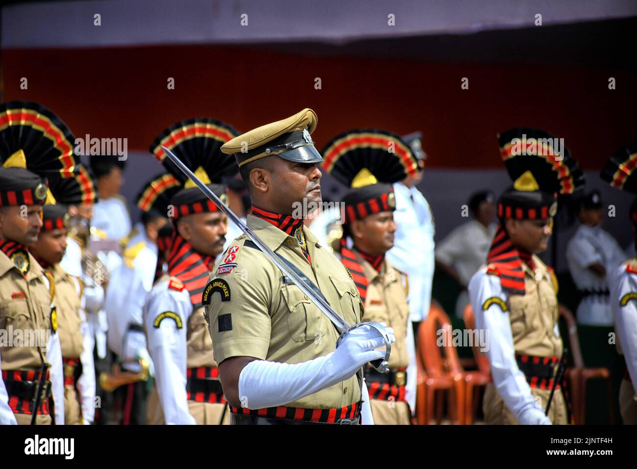 Rapid Action Force (RAF) team waiting for inspection during the Final Dress rehearsal during the Independence day Final Dress Rehearsal. India prepares to celebrate the 75th Independence day on 15th August 2022 as part of the Azadi Ka Amrit Mahotsav celebration. Stock Photo