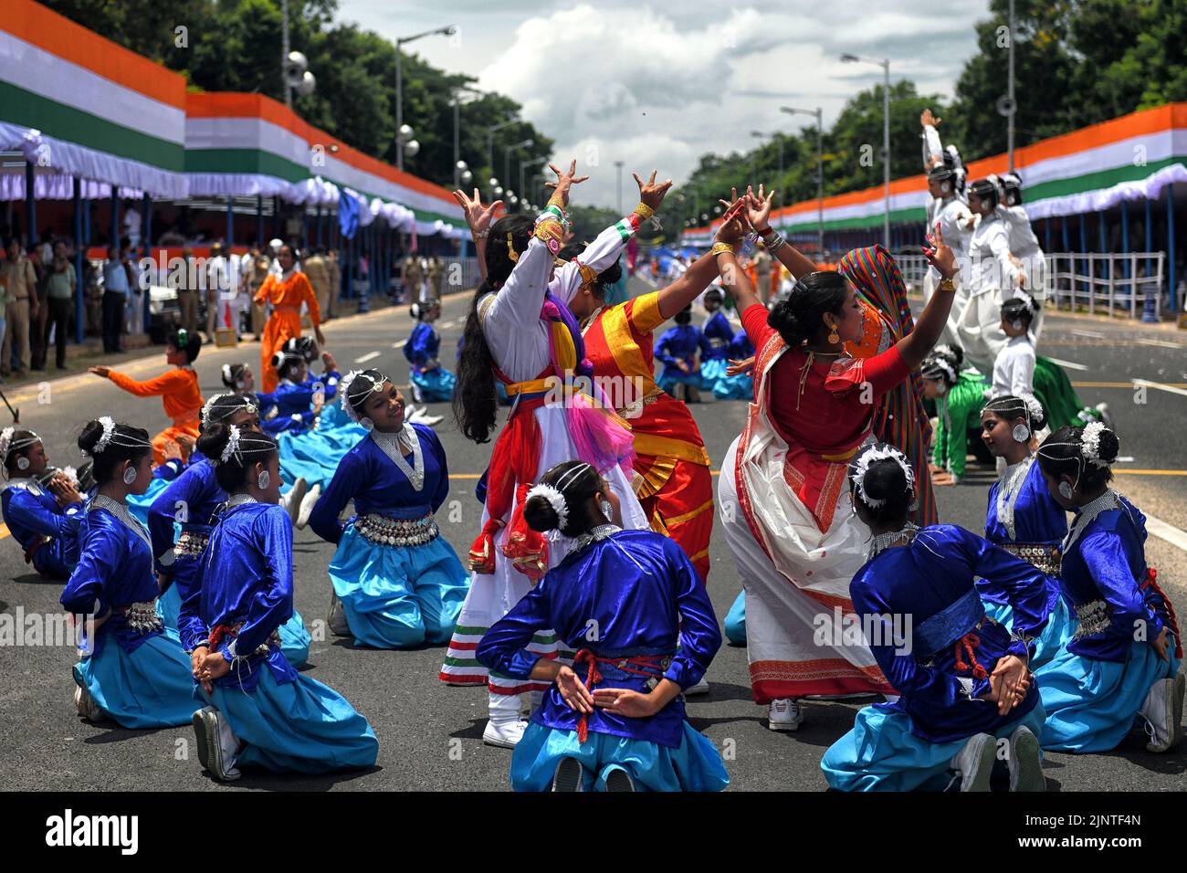 School Students seen practicing during the Independence day Final Dress Rehearsal. India prepares to celebrate the 75th Independence day on 15th August 2022 as part of the Azadi Ka Amrit Mahotsav celebration. Stock Photo