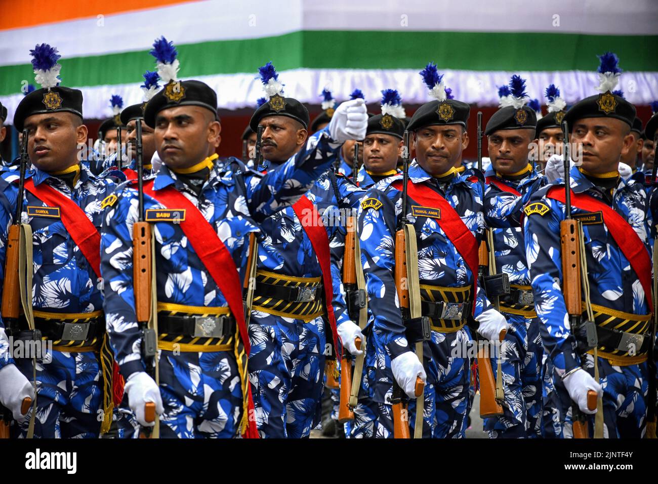 Rapid Action Force (RAF) Police men's Team seen practicing during the Independence day Final Dress Rehearsal. India prepares to celebrate the 75th Independence day on 15th August 2022 as part of the Azadi Ka Amrit Mahotsav celebration. Stock Photo