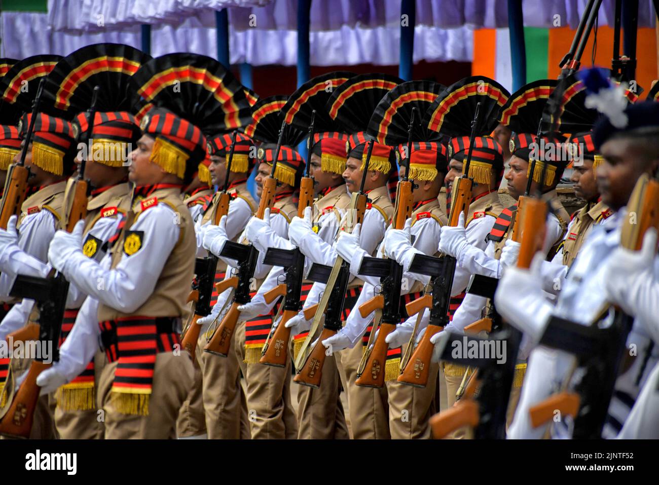 Army Contingent practice on the Final Dress rehearsal during the Independence day Final Dress Rehearsal. India prepares to celebrate the 75th Independence day on 15th August 2022 as part of the Azadi Ka Amrit Mahotsav celebration. Stock Photo
