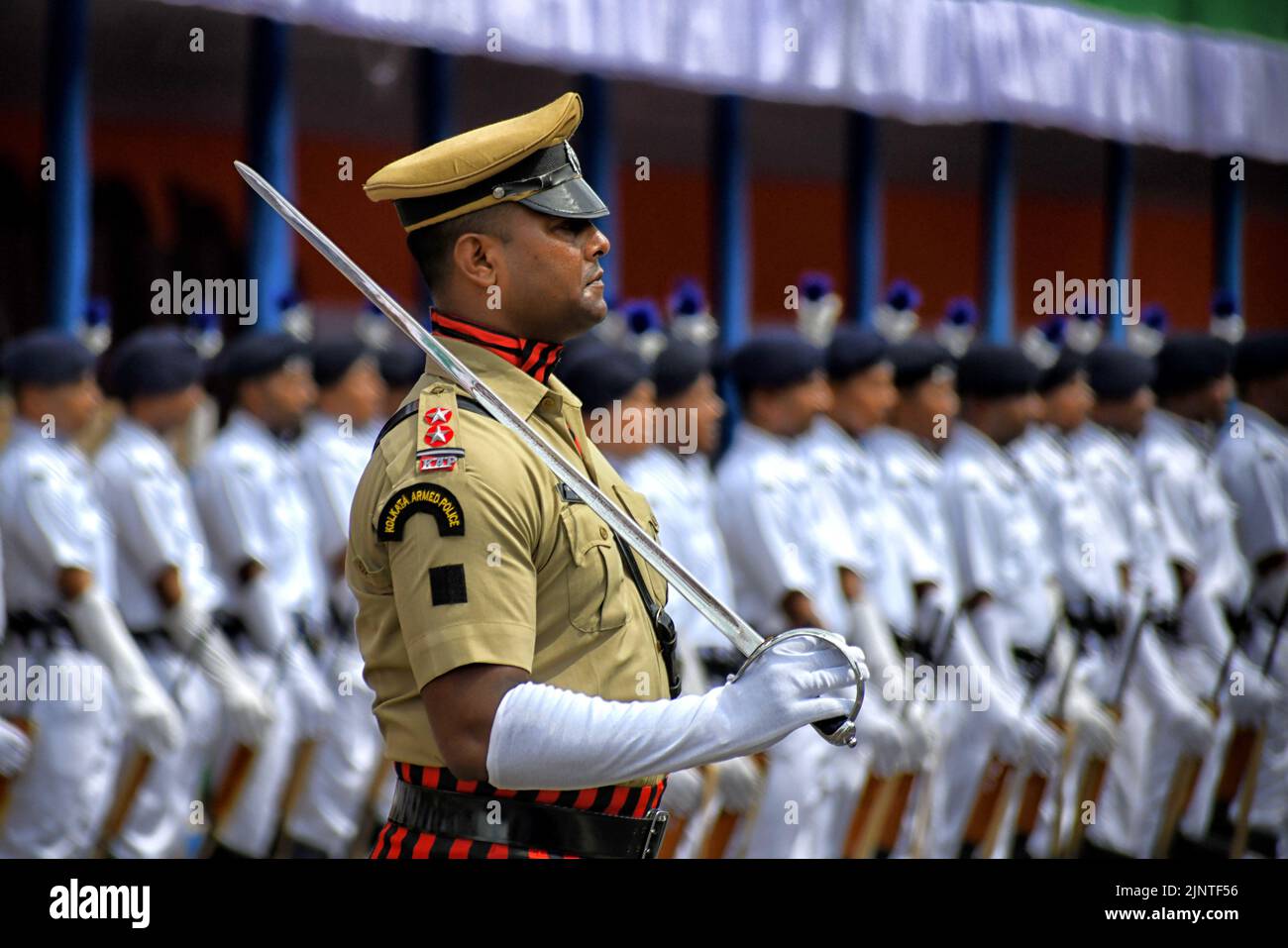 Officers of Kolkata Police stand in a queue for inspection during the Final Dress rehearsal during the Independence day Final Dress Rehearsal. India prepares to celebrate the 75th Independence day on 15th August 2022 as part of the Azadi Ka Amrit Mahotsav celebration. Stock Photo