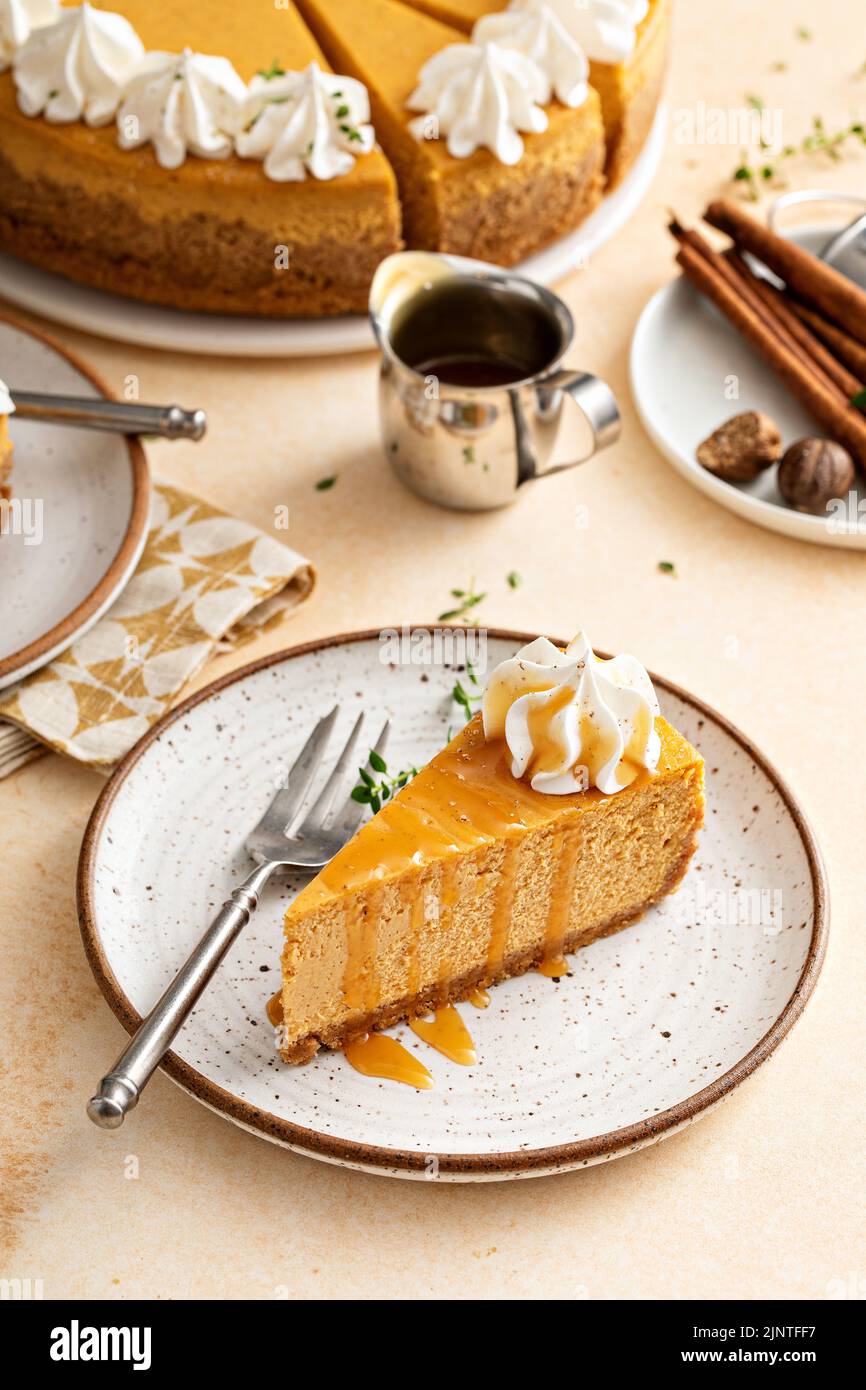 Pumpkin cheesecake with fall spices topped with whipped cream Stock