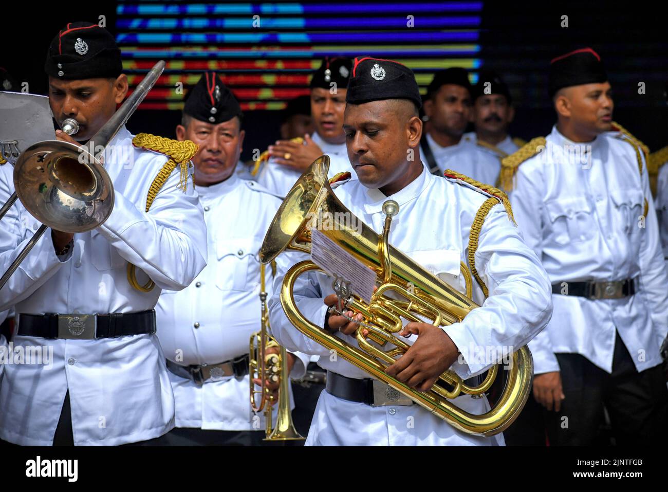 Kolkata, India. 13th Aug, 2022. A police band seen preparing during the Final Dress Rehearsal . India prepares to celebrate the 75th Independence day on 15th August 2022 as part of the Azadi Ka Amrit Mahotsav celebration. (Photo by Avishek Das/SOPA Images/Sipa USA) Credit: Sipa USA/Alamy Live News Stock Photo
