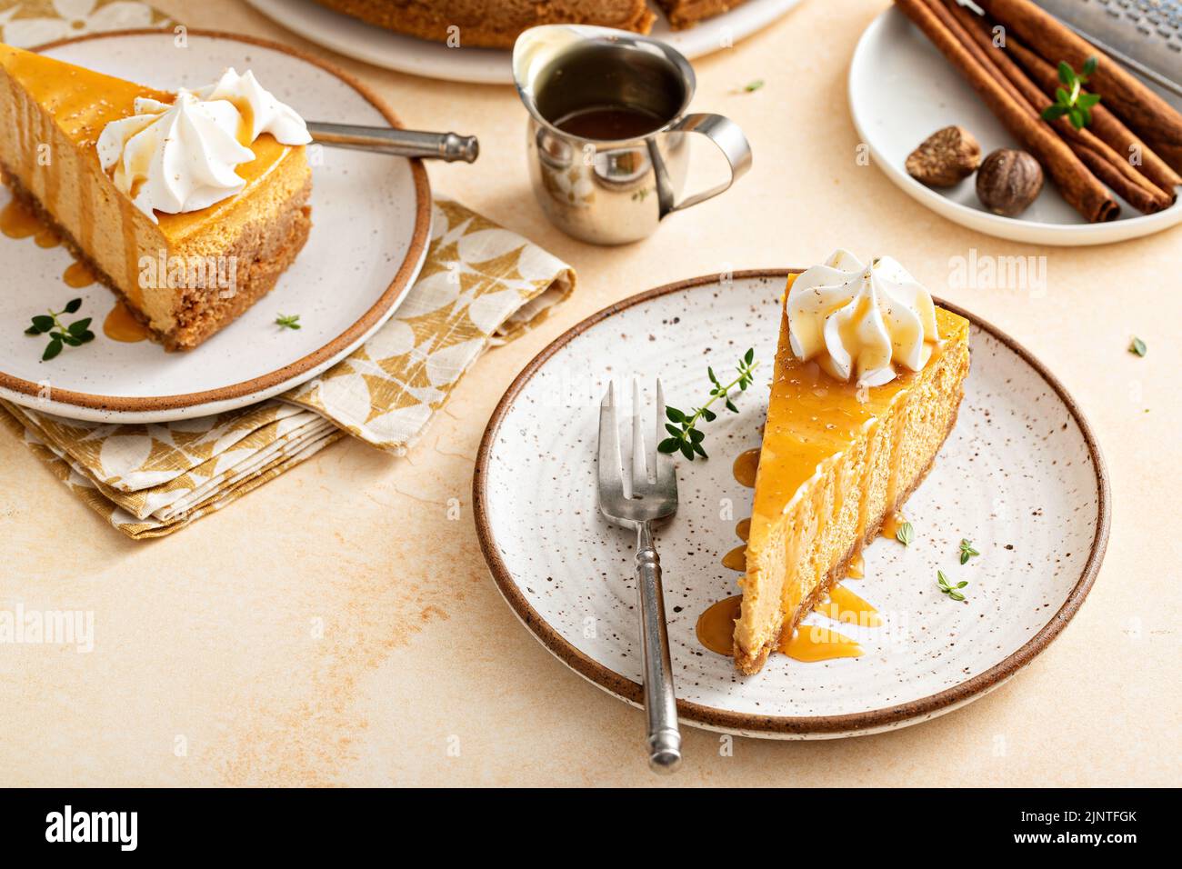 Pumpkin cheesecake with fall spices topped with whipped cream Stock