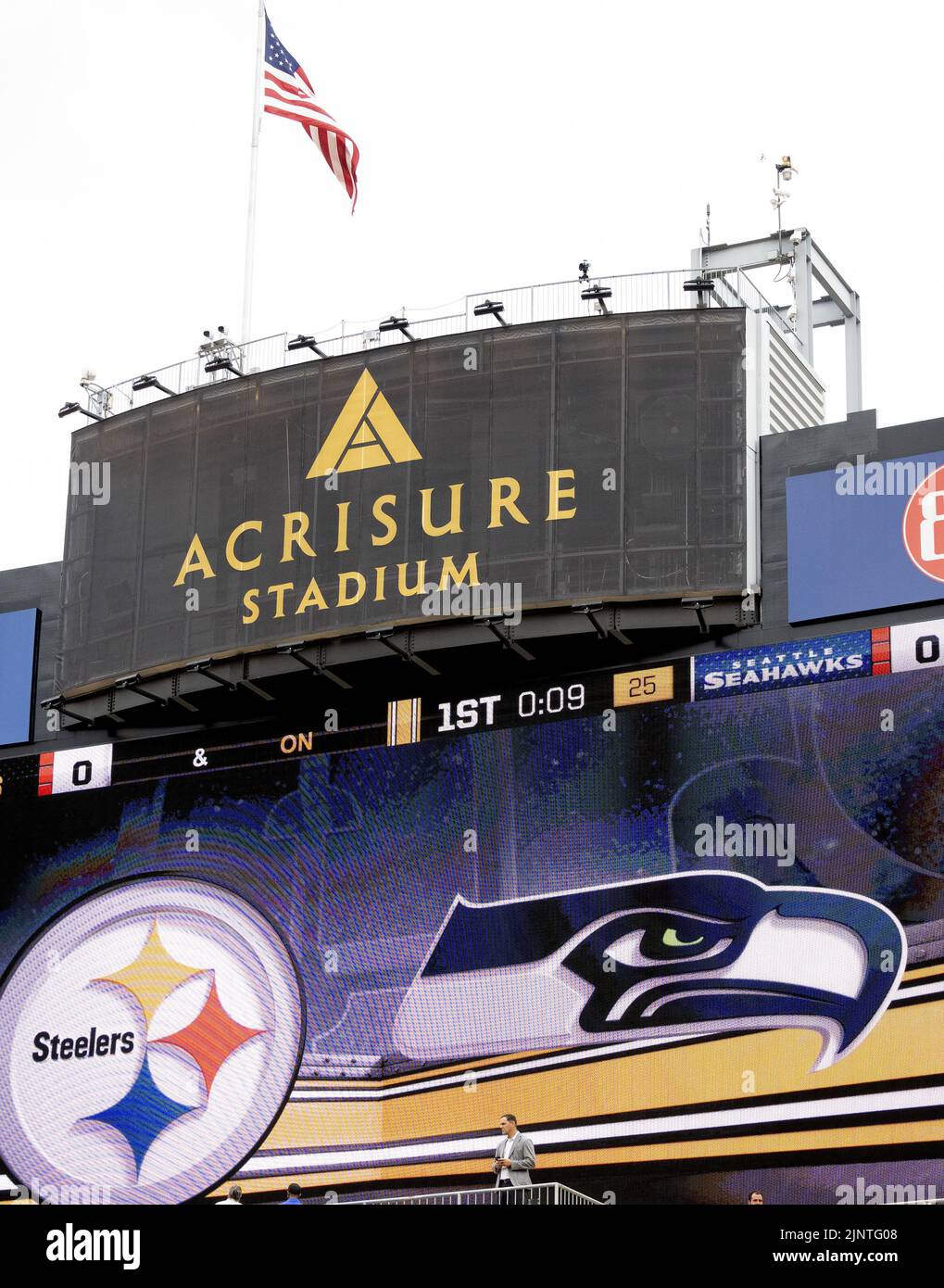 Pittsburgh, United States. 13th Aug, 2022. The Jumbotron displays the new name of the Pittsburgh Steelers home, Acrisure Stadium, before the start of the Pittsburgh Steelers and Seattle Seahawks preseason game on Saturday, August 13, 2022 in Pittsburgh Photo by Archie Carpenter/UPI Credit: UPI/Alamy Live News Stock Photo