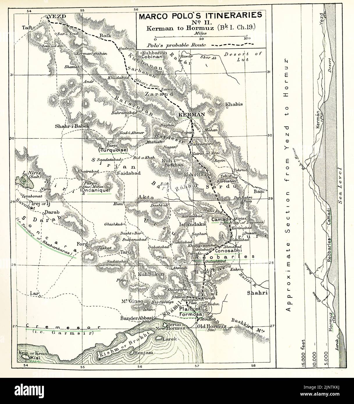 The caption for this map from The Travels of Marco Polo Vol I  as translated by Henry Yule reads: “Marco Polo’s Itineraries  No II  Kerman to Hormuz Bk I Ch 19.” Polo’s possible route is marked by dotted line. Marco Polo was a Venetian traveler who left Venice, Italy, with his father Niccolo and uncle Maffeo in 1271. He arrived in China in 1275 where Kublai Khan had his court, and returned home in 1294.  Note that the city of Kinsai, the so-called 'Heavenly City,' was called by Marco Polo Coromoran. Kanbaliq is Turkic for what is today Beijing. Polo called it Cambaluc. Siam is present-day Camb Stock Photo
