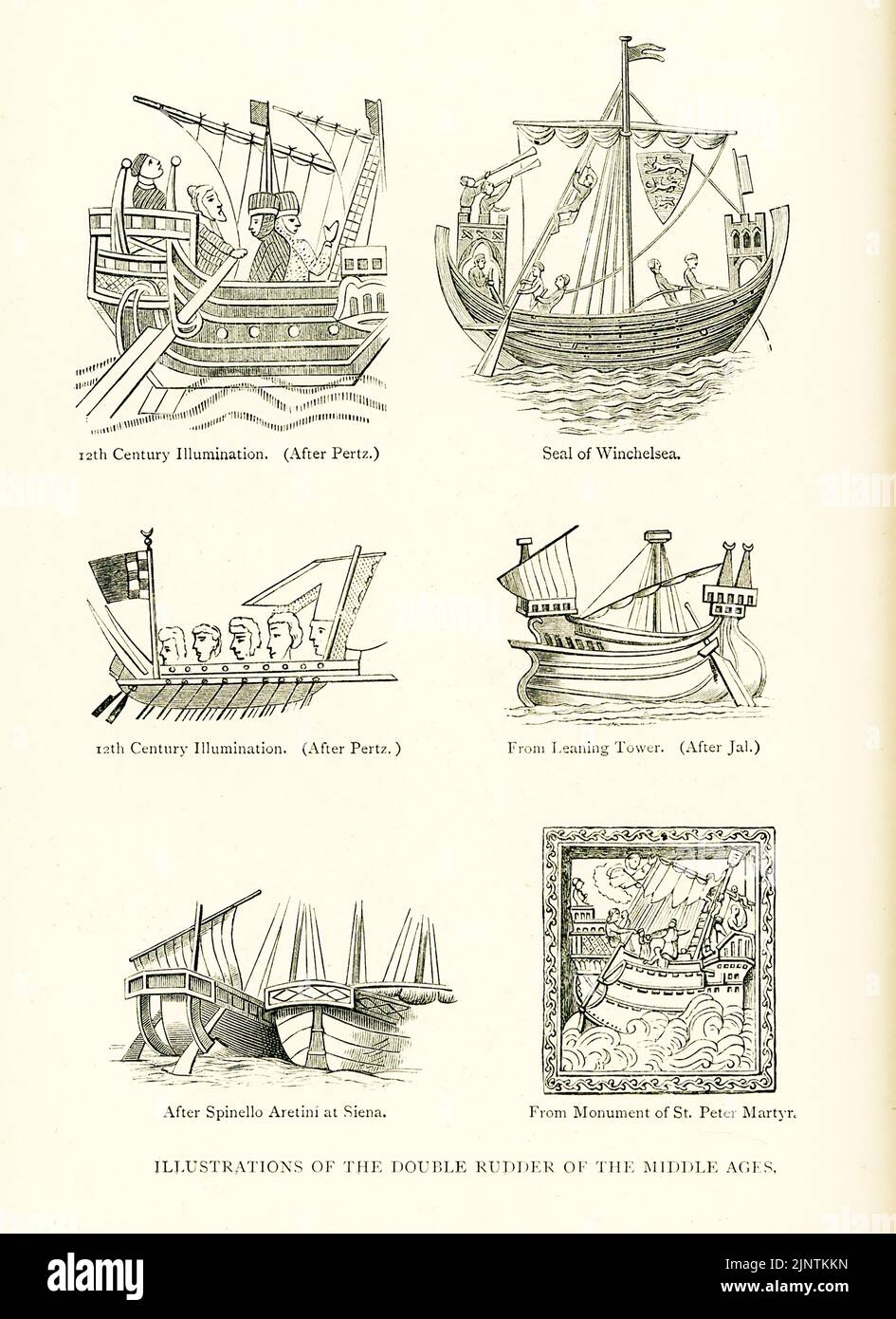 The caption for this map from The Travels of Marco Polo Vol I  as translated by Henry Yule reads: “Illustrations of the Double Rudder of the Middle Ages.” They are from top to bottom, left to right: 12th century Illumination (after Pertz; Seal of Winchelsea; 12th century Illumination (after Pertz); from Leaning Tower (after Jal); after Spinello Aretini at Siena; from Monument of St Peter Martyr.” Marco Polo was a Venetian traveler who left Venice, Italy, with his father Niccolo and uncle Maffeo in 1271. He arrived in China in 1275 where Kublai Khan had his court, and returned home in 1294.  No Stock Photo