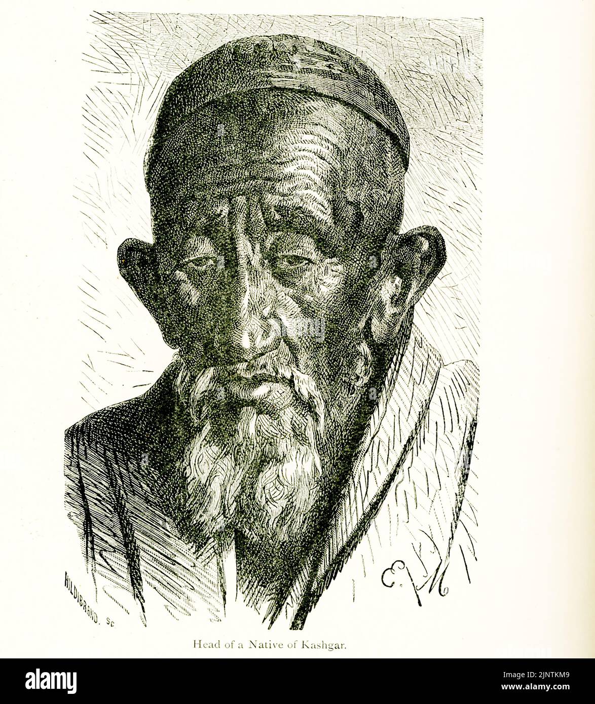The caption for this map from The Travels of Marco Polo Vol I  as translated by Henry Yule reads: “Head of a native of Kashgar.” Kashgar is a city in the Xinjiang Uyghur Autonomous Region, in China’s far west. It was a stop on the Silk Road. Marco Polo was a Venetian traveler who left Venice, Italy, with his father Niccolo and uncle Maffeo in 1271. He arrived in China in 1275 where Kublai Khan had his court, and returned home in 1294.  Note that the city of Kinsai, the so-called 'Heavenly City,' was called by Marco Polo Coromoran. Kanbaliq is Turkic for what is today Beijing. Polo called it Ca Stock Photo