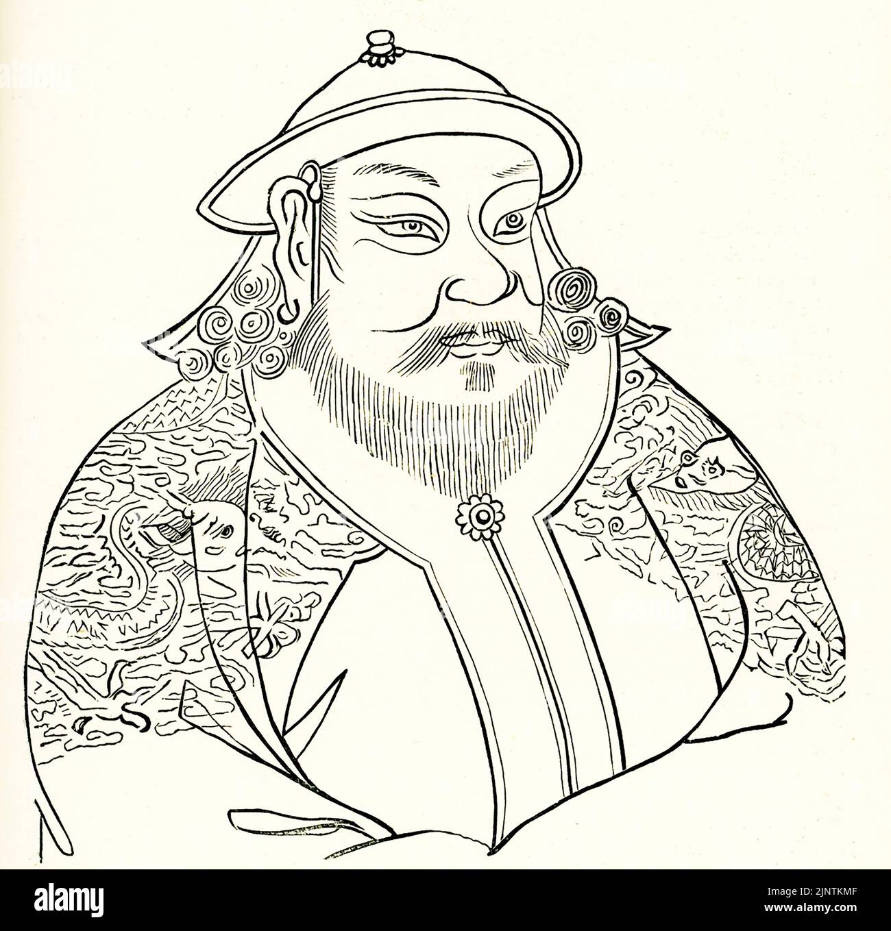 The caption for this map from The Travels of Marco Polo Vol I  as translated by Henry Yule reads: “Portrait pf Kublai Khan. From a Chinese engraving).” Kublai Khan, also known by his regnal name Setsen Khan, was the founder of the Yuan dynasty of China and the fifth khagan-emperor of the Mongol Empire from 1260 to 1294, although after the division of the empire this was a nominal position. Marco Polo was a Venetian traveler who left Venice, Italy, with his father Niccolo and uncle Maffeo in 1271. He arrived in China in 1275 where Kublai Khan had his court, and returned home in 1294.  Note that Stock Photo