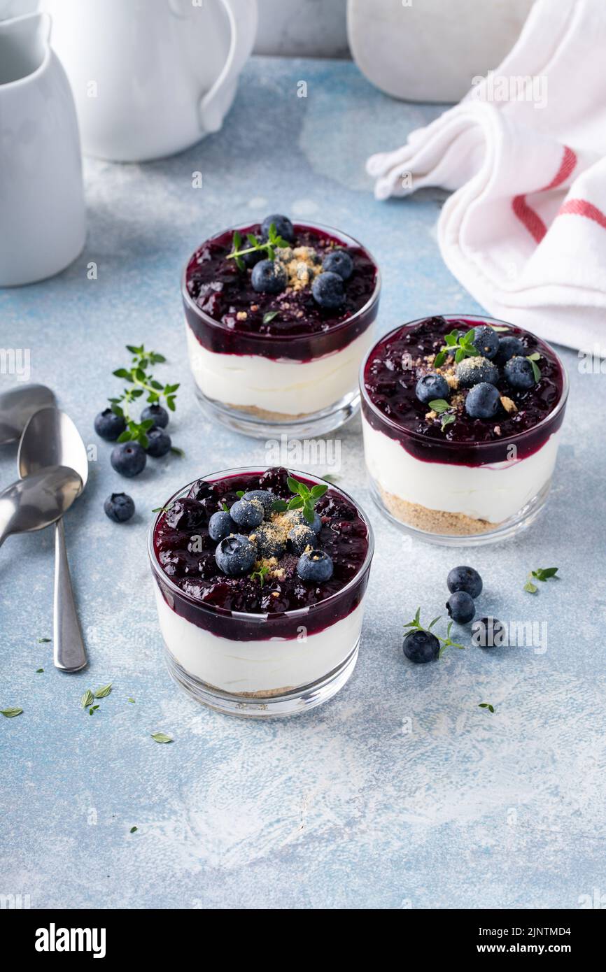 Blueberry cheesecake in a jar with graham cracker base Stock Photo Alamy