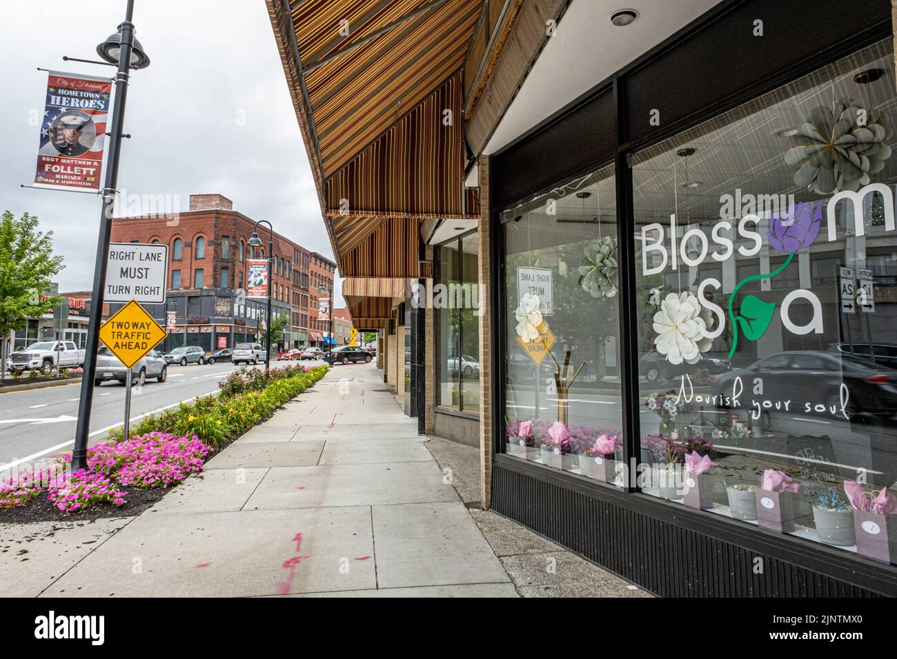 Buildings in downtown Fitchburg, Massachusetts - Blossom Spa, Main Street Stock Photo