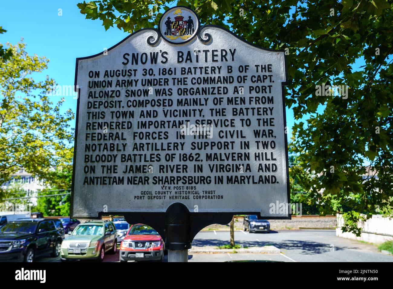 Port Deposit, MD, USA August 13, 2022 A historical marker about Snow