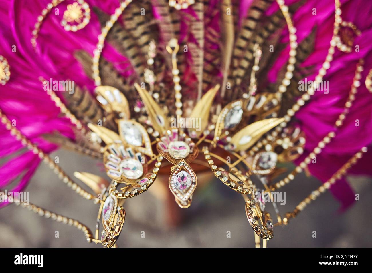 This headpiece will steal the show. Still life shot of costume headwear for a samba dancer. Stock Photo