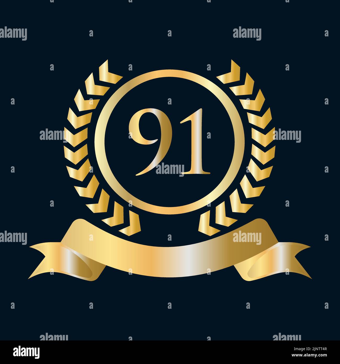 Ninety One, 91 Years Anniversary Celebration Gold and Black Template. Luxury Style Gold Heraldic Crest Logo Element Vintage Laurel Vector Stock Vector