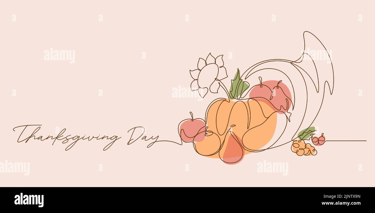 continuous line colored drawing style of cornucopia vector illustration. thanksgiving day script font background minimalism copy space. Stock Vector
